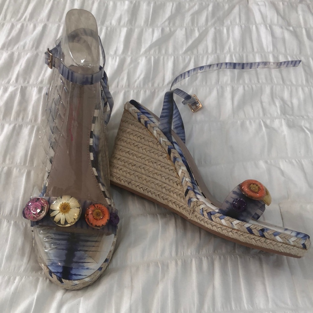 Betsey Johnson Blue and Tan Wedges with Floral Details